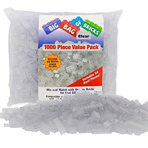 SCS Direct Building Block Bricks - 1000 Pc Bulk Set of Unique Clear Color with 54 Roof Pieces - Great for Activity Tables, Creativity & School Projects - Image 1